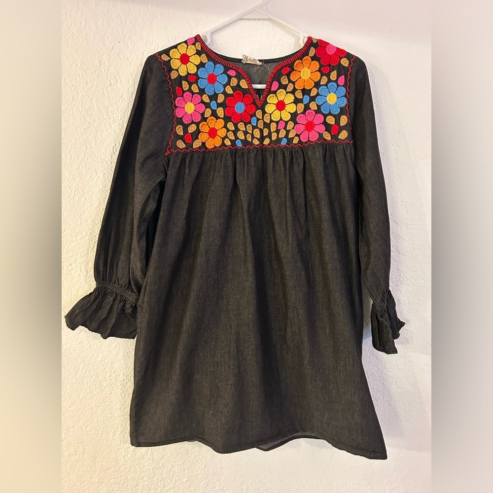 LAYERZ CLOTHING Denim Multicolored Flower Embroidered Tunic Dress, Size Small